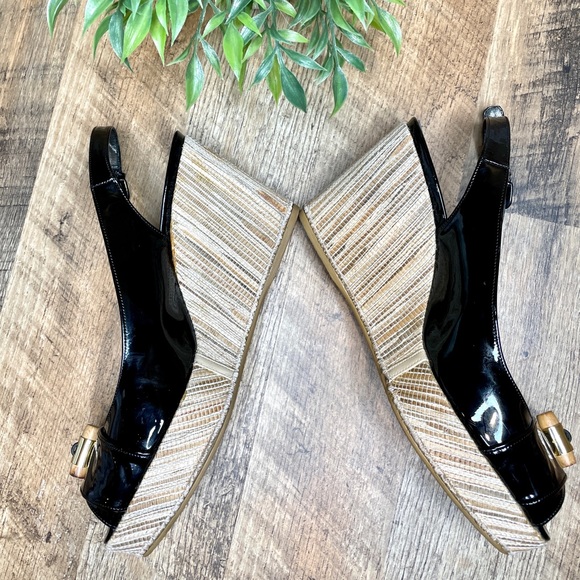 Stuart Weitzman wedge Patton leather wedge woven bamboo open toe - Picture 8 of 15